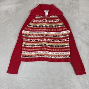 VTG Tiara Full Zip Cardigan Sweater Womens L Red Preowned Fair Isle Nordic Retro